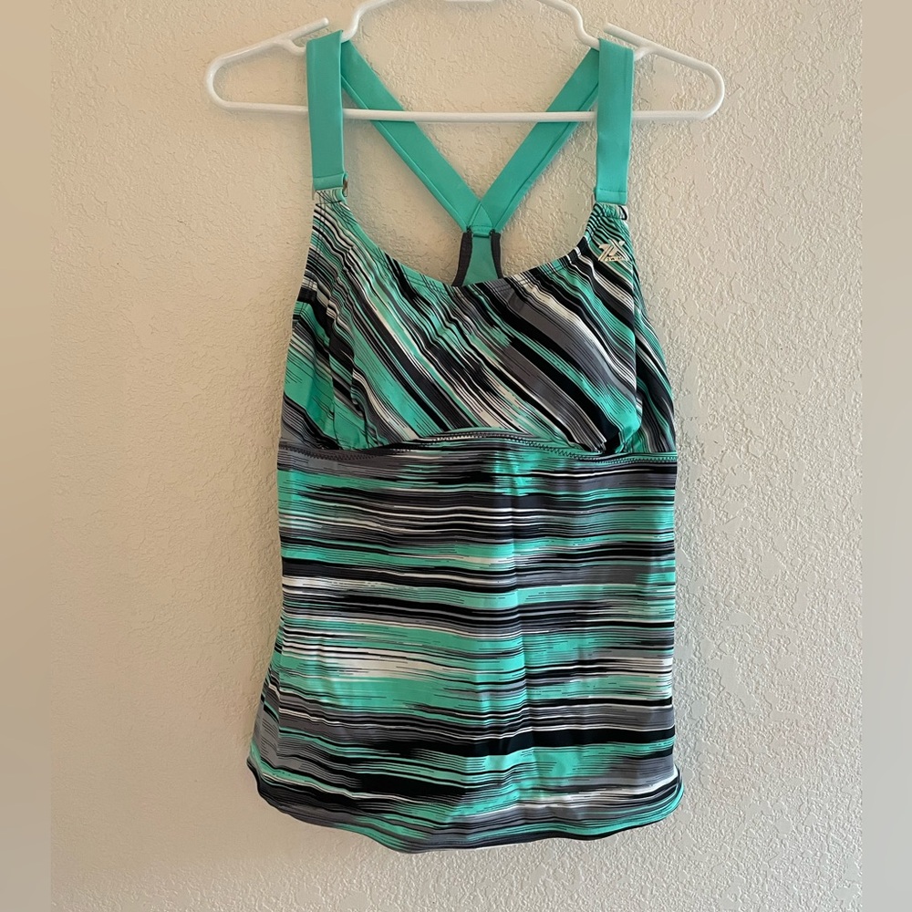 ZeroXposur women’s Striped Racerback Swim Tankini Top - Mint and Black size 14